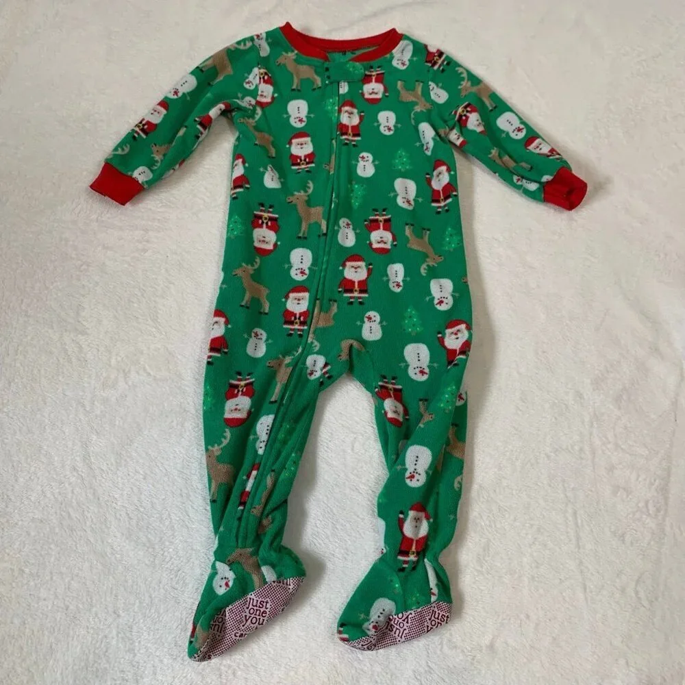 5/$25 Carter's‎ Kids Green Christmas Santa Fleece Footed Pajamas 18M